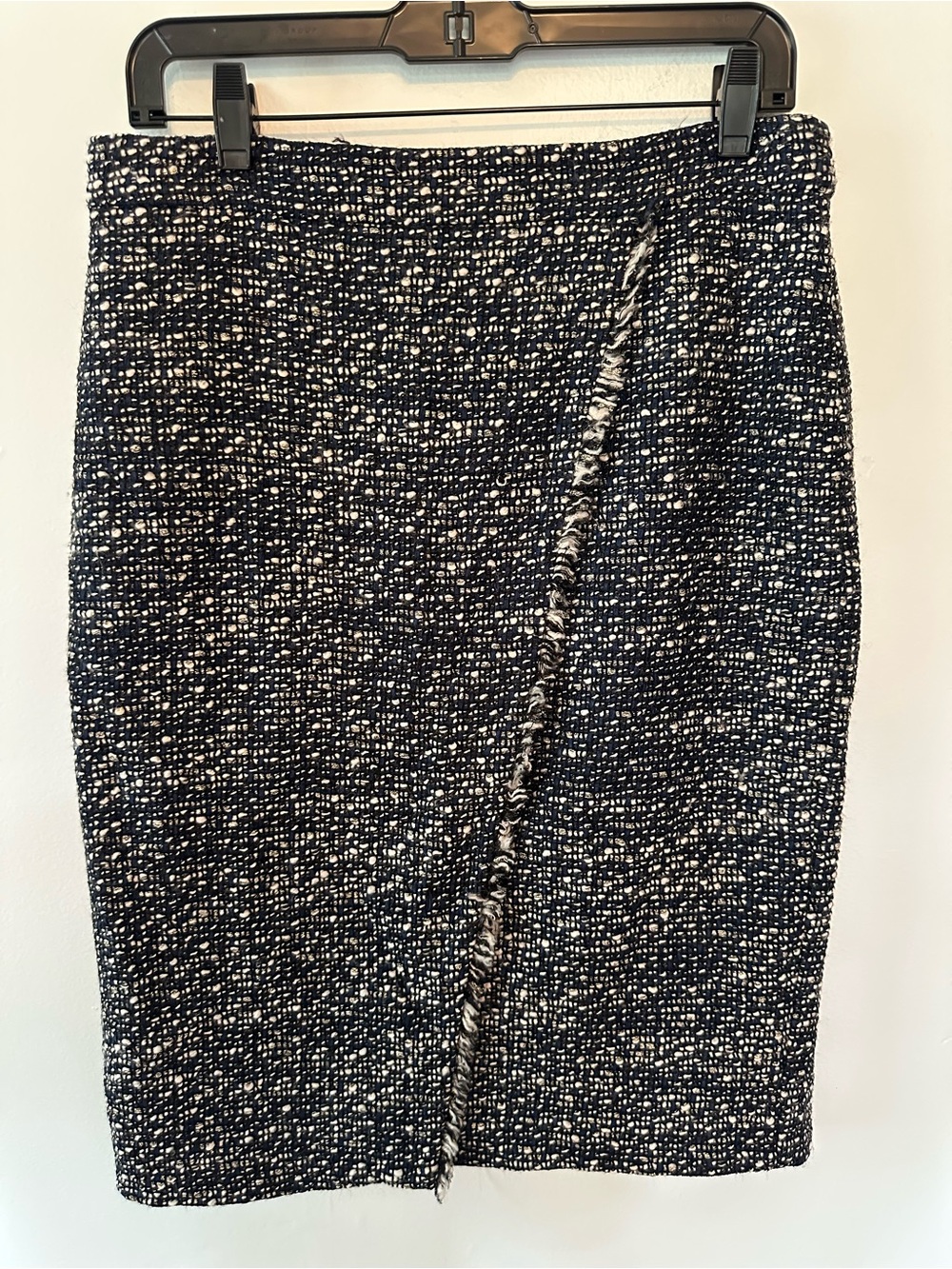 J.Crew Size 6 Faux Wrap Pencil Skirt Metallic Tweed Fringe Trim Navy Blue